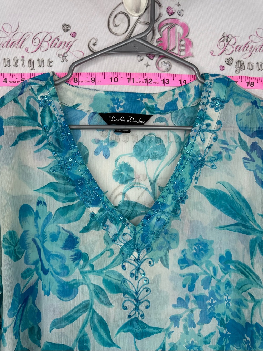 Double Decker coverup mini dress. Ranch Teal Floral V-Neck Sheer beaded - Picture 4 of 9